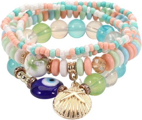 COLORFUL BLING 4/2 Sets Bohemian Stretch Beads Bracelets Multilayer Evil Eye Hamsa Hand Bracelet Boho Charms Stackable Bracelet Handmade Multicolor Crystal Beaded Lucky Protection Bangles Strand Set in Saudi Arabia
