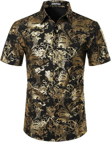 ZEROYAA Men's Luxury Paisley Shiny Printed Slim Fit Short Sleeve Button Up Dress Shirt in Saudi Arabia