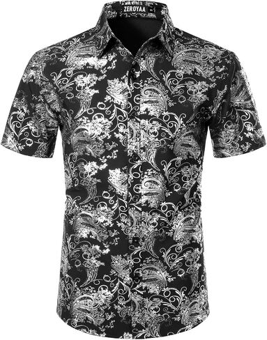 ZEROYAA Men's Luxury Paisley Shiny Printed Slim Fit Short Sleeve Button Up Dress Shirt in Saudi Arabia