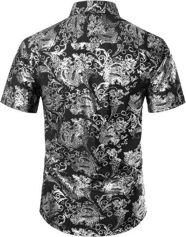 ZEROYAA Men's Luxury Paisley Shiny Printed Slim Fit Short Sleeve Button Up Dress Shirt in Saudi Arabia