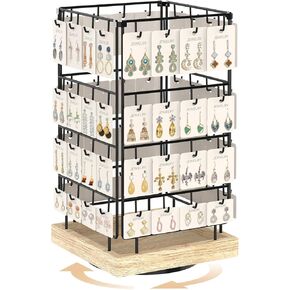 EsLuker.ly حامل عرض القرط، منظم حلق دوار 360 درجة لبيع البائعين، 64 خطافًا لتخزين أبراج المجوهرات لبطاقات القرط والقلائد والأساور وسلاسل المفاتيح والخواتم (لون البلوط، أسود) in Kuwait