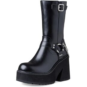 AMINUGAL Women's Chunky Block Heel Mid Calf Boots Platform Round Toe  Punk High Heels Metal Chain Decoration Riding Combat Motorcycle Black Shoes For Women in Kuwait