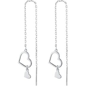 Hollow Heart Shape Threader Tassel Dangle Earrings S999 Sterling Silver Minimalist Dangling Charm Drop Ear Line Long Chain Hoops Studs Earring Cute Jewelry Gifts for Women Girls Sensitive Ears