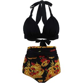 Honeystore Women's Retro 50s Halter High Waist Ruched Bikini Swimsuit in Kuwait