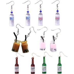 JinYu 6 Pairs Funny Acrylic Water Bottle Pendant Earrings, Cute Pearl Milk Tea Dangle Earrings Colorful Glass Bottle Funny Earrings for Girls Women Unique in Saudi Arabia
