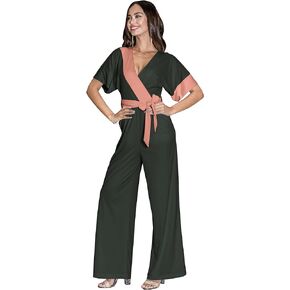 KOH KOH Womens Long Pant Short Kimono Sleeve Elegant Two Tone Romper Jumpsuit