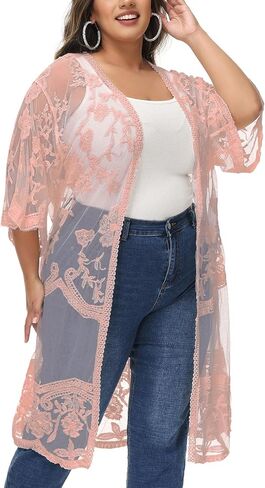 Anna-Kaci Women's Plus Size Lace Cardigan Open Front Floral Crochet Cover Ups Long Kimono in Saudi Arabia