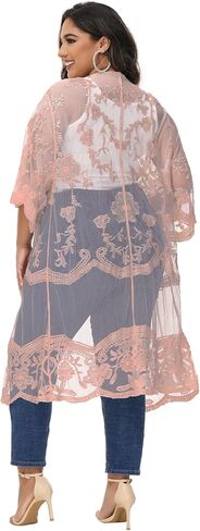 Anna-Kaci Women's Plus Size Lace Cardigan Open Front Floral Crochet Cover Ups Long Kimono in Saudi Arabia