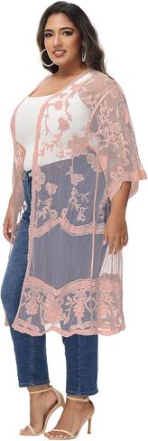 Anna-Kaci Women's Plus Size Lace Cardigan Open Front Floral Crochet Cover Ups Long Kimono in Saudi Arabia