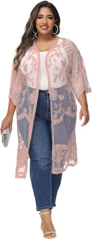 Anna-Kaci Women's Plus Size Lace Cardigan Open Front Floral Crochet Cover Ups Long Kimono in Saudi Arabia