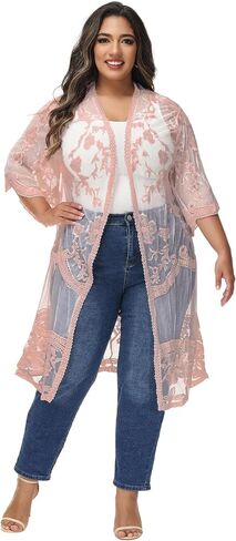 Anna-Kaci Women's Plus Size Lace Cardigan Open Front Floral Crochet Cover Ups Long Kimono in Saudi Arabia