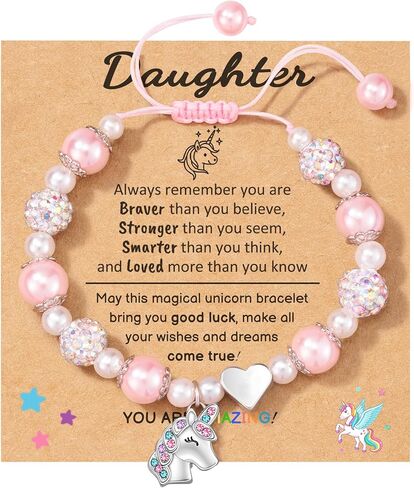 هدايا HGDEER ​​يونيكورن للفتيات، هدايا عيد الحب لعام 2024 للابنة والحفيدة وابنة الأخت | سوار من اللؤلؤ الوردي وحجر الراين | مناسبة لعيد الحب وهدية عيد الميلاد in Kuwait