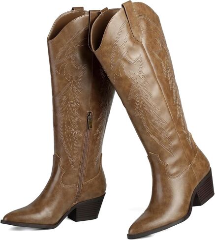 LISYIIZ Women's Knee High Cowboy Boots, Embroidered Western Boots | Pointed toe, knee-high shaft, western embroidery, block heel, concert-ready, festival-friendly, everyday styling in Saudi Arabia