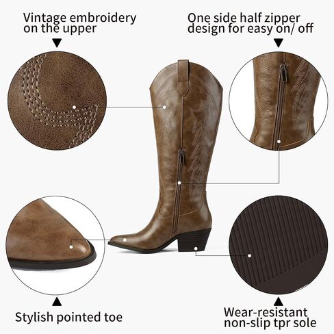 LISYIIZ Women's Knee High Cowboy Boots, Embroidered Western Boots | Pointed toe, knee-high shaft, western embroidery, block heel, concert-ready, festival-friendly, everyday styling in Saudi Arabia