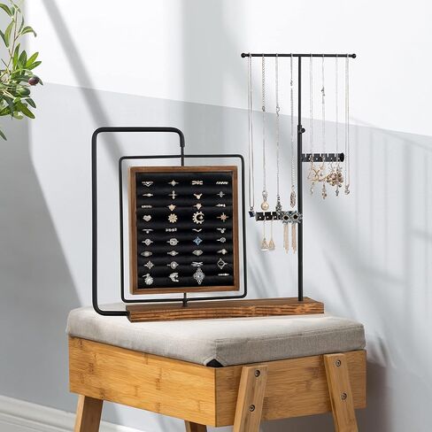 حامل مجوهرات Becko US مع وسادة مبطنة للخواتم، حامل مجوهرات لعرض دوران المجوهرات مع مادة خشبية وهيكل حديدي للقلائد والأساور والأقراط والخواتم (بني داكن) in Kuwait