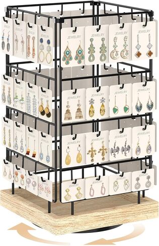 EsLuker.ly حامل عرض القرط، منظم حلق دوار 360 درجة لبيع البائعين، 64 خطافًا لتخزين أبراج المجوهرات لبطاقات القرط والقلائد والأساور وسلاسل المفاتيح والخواتم (لون البلوط، أسود) in Kuwait
