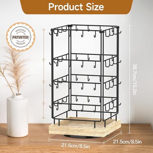 EsLuker.ly حامل عرض القرط، منظم حلق دوار 360 درجة لبيع البائعين، 64 خطافًا لتخزين أبراج المجوهرات لبطاقات القرط والقلائد والأساور وسلاسل المفاتيح والخواتم (لون البلوط، أسود) in Kuwait