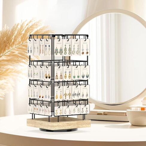 EsLuker.ly حامل عرض القرط، منظم حلق دوار 360 درجة لبيع البائعين، 64 خطافًا لتخزين أبراج المجوهرات لبطاقات القرط والقلائد والأساور وسلاسل المفاتيح والخواتم (لون البلوط، أسود) in Kuwait