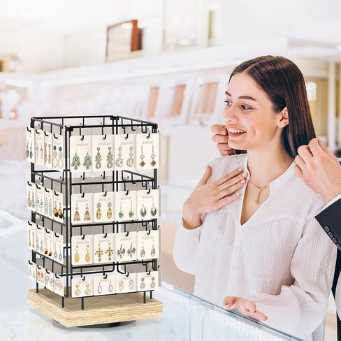 EsLuker.ly حامل عرض القرط، منظم حلق دوار 360 درجة لبيع البائعين، 64 خطافًا لتخزين أبراج المجوهرات لبطاقات القرط والقلائد والأساور وسلاسل المفاتيح والخواتم (لون البلوط، أسود) in Kuwait