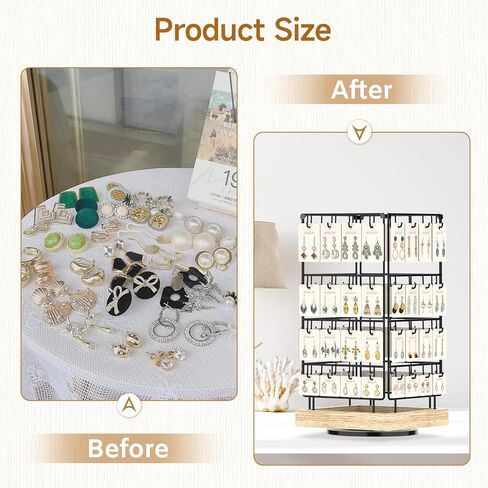 EsLuker.ly حامل عرض القرط، منظم حلق دوار 360 درجة لبيع البائعين، 64 خطافًا لتخزين أبراج المجوهرات لبطاقات القرط والقلائد والأساور وسلاسل المفاتيح والخواتم (لون البلوط، أسود) in Kuwait