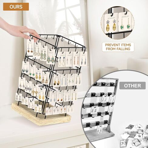 EsLuker.ly حامل عرض القرط، منظم حلق دوار 360 درجة لبيع البائعين، 64 خطافًا لتخزين أبراج المجوهرات لبطاقات القرط والقلائد والأساور وسلاسل المفاتيح والخواتم (لون البلوط، أسود) in Kuwait