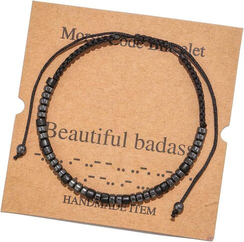 RINTOLER Morse Code Bracelets for Women Men Funny Inspirational Valentine's Day Gifts for Her,Best Friends,Motivational Bracelets, Inspirational Jewelry, Adjustable Black Silk Beaded Stretch Bracelets in Saudi Arabia