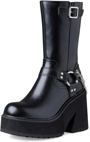 AMINUGAL Women's Chunky Block Heel Mid Calf Boots Platform Round Toe  Punk High Heels Metal Chain Decoration Riding Combat Motorcycle Black Shoes For Women in Kuwait
