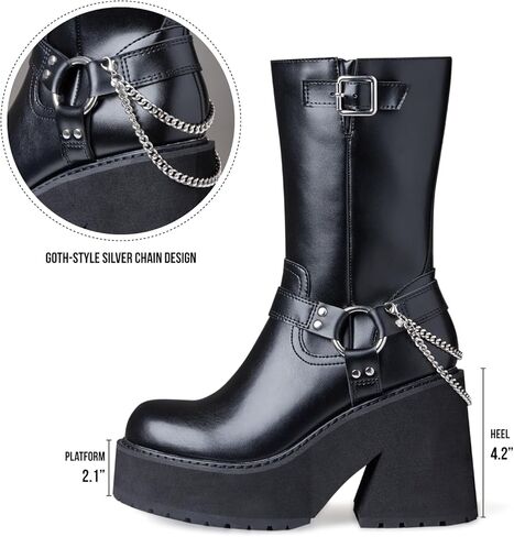 AMINUGAL Women's Chunky Block Heel Mid Calf Boots Platform Round Toe  Punk High Heels Metal Chain Decoration Riding Combat Motorcycle Black Shoes For Women in Kuwait