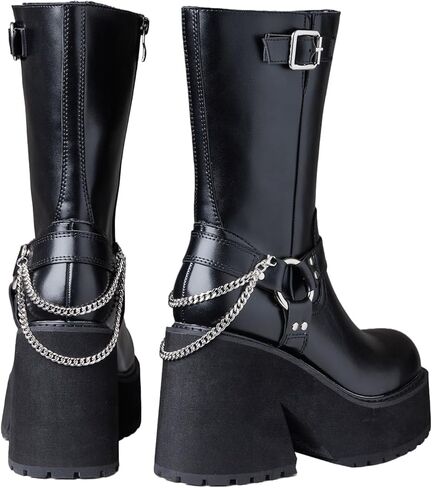 AMINUGAL Women's Chunky Block Heel Mid Calf Boots Platform Round Toe  Punk High Heels Metal Chain Decoration Riding Combat Motorcycle Black Shoes For Women in Kuwait