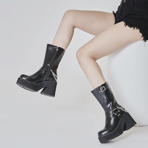AMINUGAL Women's Chunky Block Heel Mid Calf Boots Platform Round Toe  Punk High Heels Metal Chain Decoration Riding Combat Motorcycle Black Shoes For Women in Kuwait