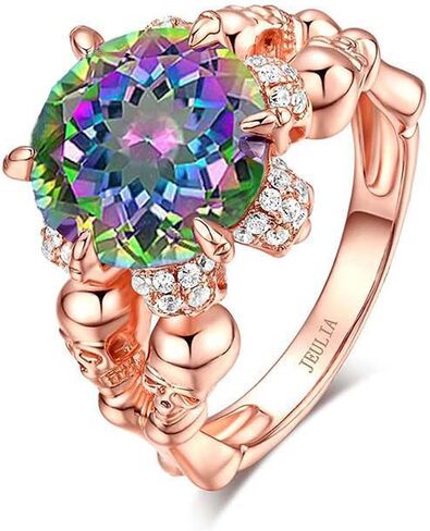 Jeulia Round Cut Silver Skull Ring: Sterling Silver Black Diamond Gothic Ring Band Fashion Anniversary Promise Engagement Wedding Halloween Ring Bride Set for Her with Gift Jewelry Box in Saudi Arabia