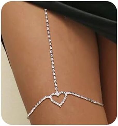 Jumwrit Rhinestone Leg Chain Layered Body Chain Silver Thigh Chain Tennis Body Chain Heart Waist Chain Bling Belly Chain for Women Girls in Saudi Arabia