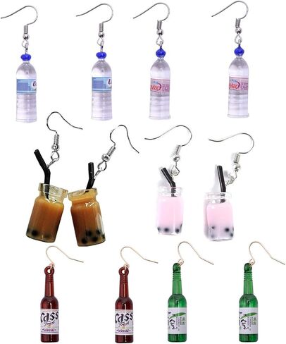 JinYu 6 Pairs Funny Acrylic Water Bottle Pendant Earrings, Cute Pearl Milk Tea Dangle Earrings Colorful Glass Bottle Funny Earrings for Girls Women Unique in Saudi Arabia