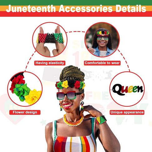Juneteenth African Jewelry for Women, Juneteenth Bracelets Earrings Crown Sunglasses Decorations, Bead Bracelet Headband Queen Earrings Sunglasses, Freedom African Accessories Parade Party Supplies in Kuwait