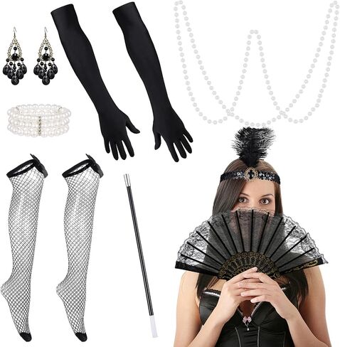 Abaodam 1 Set Flapper Headband 1920s Pearl Necklace Long Gloves Silk Stockings Women Party Costume Accessories in Saudi Arabia