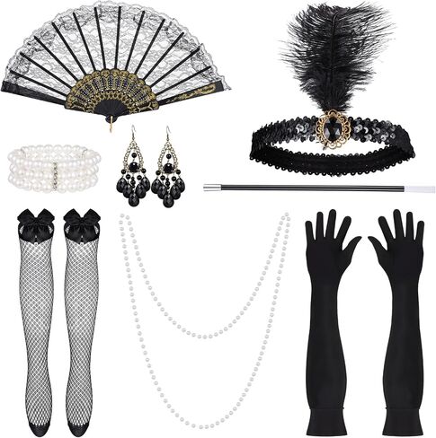 Abaodam 1 Set Flapper Headband 1920s Pearl Necklace Long Gloves Silk Stockings Women Party Costume Accessories in Saudi Arabia