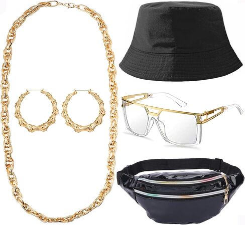 SONNYX 80s 90s الهيب هوب الزي هالوين مغني الراب اكسسوارات فاني حزم نظارات الذهب حبل سلسلة الخيزران أقراط للنساء الرجال in Kuwait
