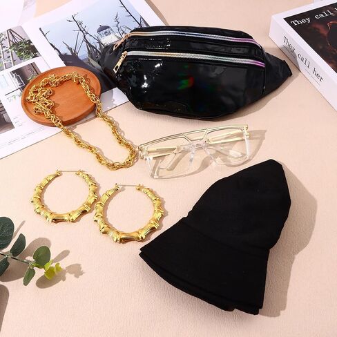 SONNYX 80s 90s الهيب هوب الزي هالوين مغني الراب اكسسوارات فاني حزم نظارات الذهب حبل سلسلة الخيزران أقراط للنساء الرجال in Kuwait