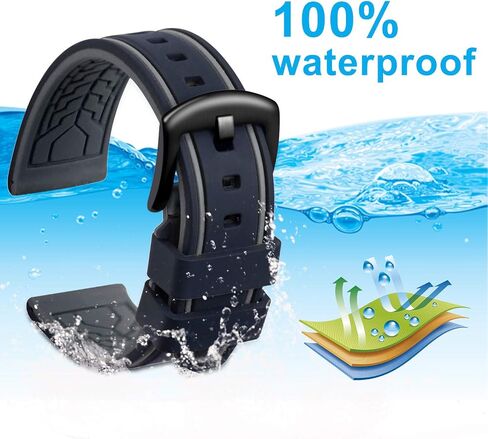 ULLCHRO Silicone Watch Strap Replacement Rubber Watch Band Waterproof Bicolor Men Women - 20, 22, 24, 26mm Watch Bracelet with Brushed Stainless Steel Buckle Black in Saudi Arabia