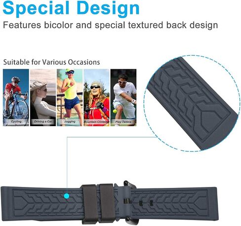 ULLCHRO Silicone Watch Strap Replacement Rubber Watch Band Waterproof Bicolor Men Women - 20, 22, 24, 26mm Watch Bracelet with Brushed Stainless Steel Buckle Black in Saudi Arabia