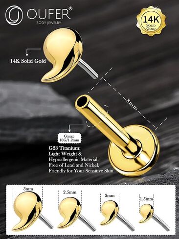 حلقات الشفاه OUFER 16G، ترصيع الشفاه من الذهب الصلب عيار 14 قيراط، مجوهرات ثقب الشفاه من لابريت، ثقب الشفاه من شريط التيتانيوم الصلب G23، مجوهرات ثقب الغضروف الزنمة للنساء والرجال in Saudi Arabia
