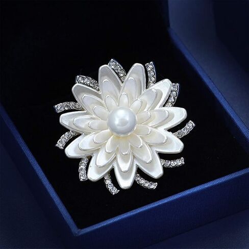 Merdia Floral Brooch Pin White Lotus Flower Brooches Simulated Crystal Corsage Brooch in Saudi Arabia