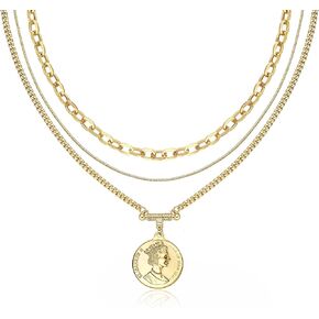 ACC PLANET Gold Layered Necklace for Women, 14K Gold Plated Coin Cross Pendant Necklace Chunky Chain Choker Gold Layering Necklaces for Women