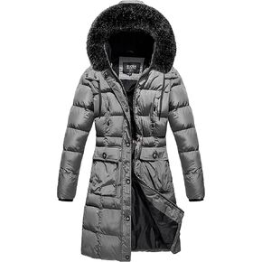 ELORA Heavyweight Women's Vegan Puffer Mid-Length Cargo Coat with Faux Fur Trim Removable Hood in Saudi Arabia