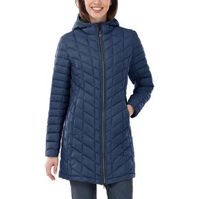 33,000ft Women's Thermolite Long Hooded Puffer Jacket Parka, Ultra Lightweight Quilted Thin Warm Puffy Insulated Winter Coat