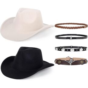 Beorndmy 2 Pack Western Cowboy Hats for Women and Men Classic Felt Wide Brim Costume Cow Boy Hat Roll Up Brim Cowgirl Hat