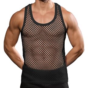 Mens Mesh Fishnet Tank Tops Fitted Sleeveless Night Club Style Muscle Top in Saudi Arabia
