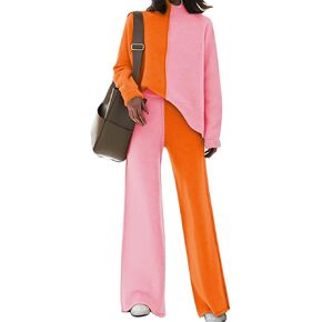 Meenew Women's High Neck 2 Piece Sweatsuit Long Sleeve Knit Sweater Tops Wide Leg Pants Set Outfits