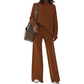 Meenew Women's High Neck 2 Piece Sweatsuit Long Sleeve Knit Sweater Tops Wide Leg Pants Set Outfits