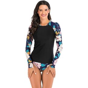 FEOYA Women Long Sleeve Swimsuit UV Sun Protection Rash Guard Two Piece Printed Surfing Swim Bathing Suit